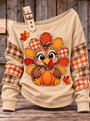 Women's Cute Thanksgiving Turkey Face Art Casual Off-Shoulder Sweatshirt