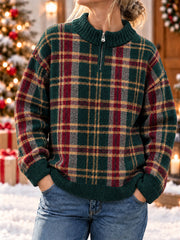 Women's Christmas Plaid Zipper Sweater