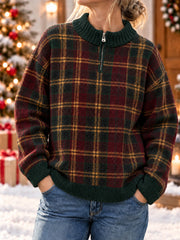 Women's Christmas Plaid Zipper Sweater