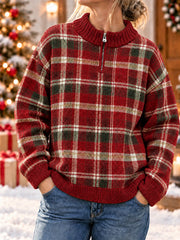 Women's Christmas Plaid Zipper Sweater