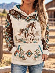 Women's Retro Western Horse Aztec Print Casual Hoodie