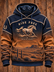 Men's Vintage Western Art Printed Oversized Drop-Shoulder Hoodie with Pockets