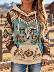 Women's Retro Western Bull Skull Aztec Print Casual Hoodie