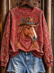 Women's Vintage Western Christmas Horse Print Raglan Sleeve Sweatshirt
