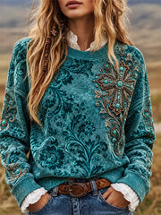 Women's Vintage Turquoise Christian Cross Western Floral Print Sweatshirt