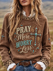 Women's Pray More Worry Less Vintage Turquoise Cross Western Leopard Print Sweatshirt