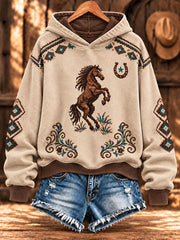 Women's Retro Western Horse Printed Regular Hoodie