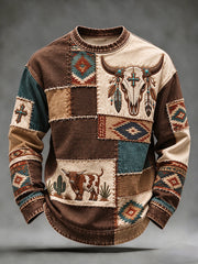 Men's Vintage Western Patchwork Bull Skull Cross Print Sweatshirt