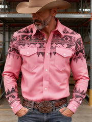 Men's Western Pink Print Long Sleeve Shirt