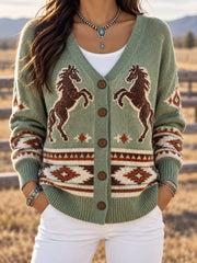 Women's Western Aztec Horse Print Casual Cardigan