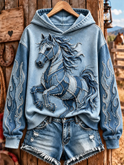 Women's Retro Western Horse Patchwork Print Casual Hoodie