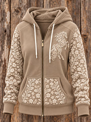Women's Retro Western Horse Patchwork Print Casual Zip-Up Hoodie