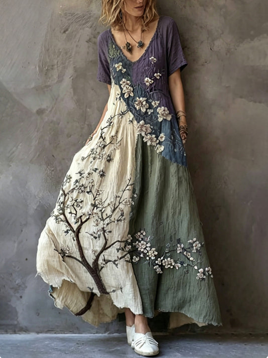 Women's Retro Japanese Sakura Artistic Linen Short Sleeve Dress