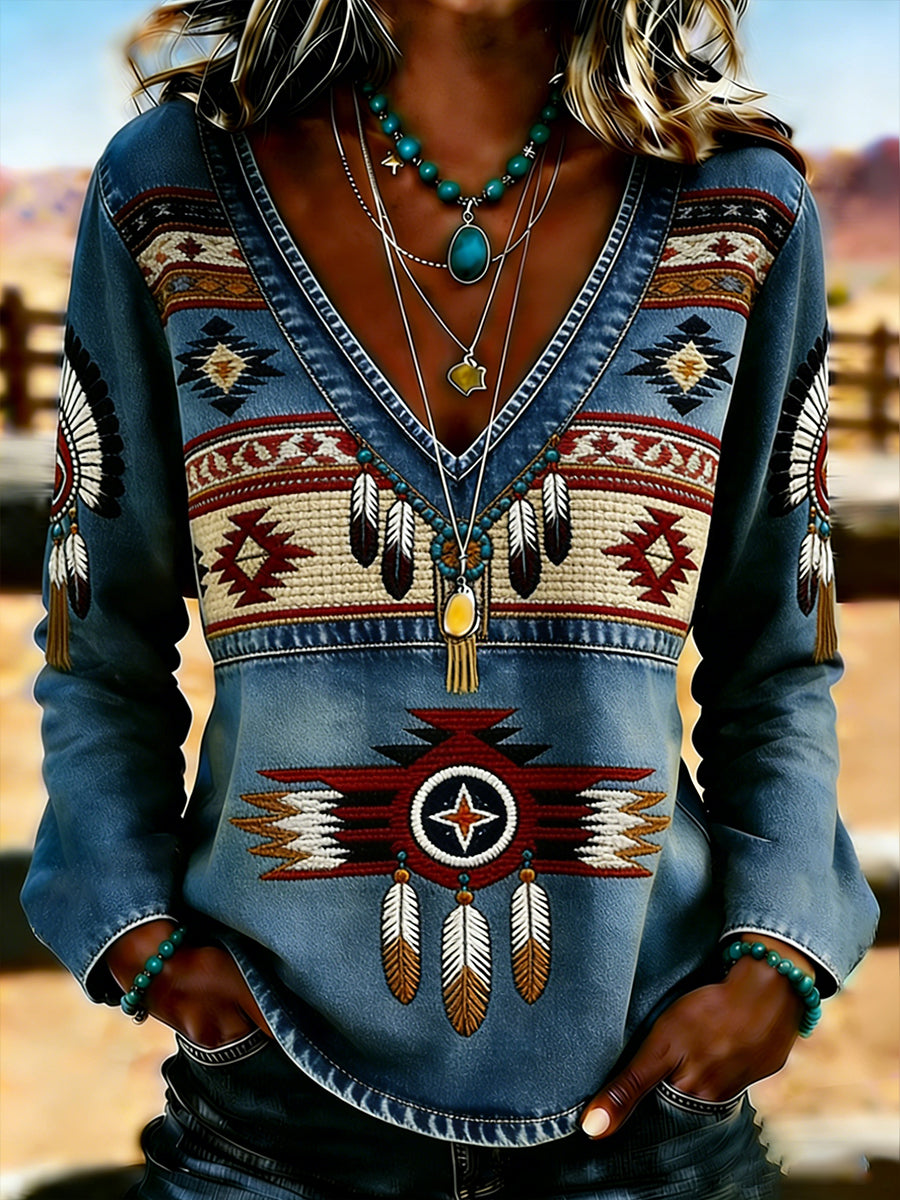 Women's Retro Western Art Print Casual Top