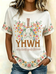 Women's Floral Faith Jesus Lover YHWH Printed T-Shirt