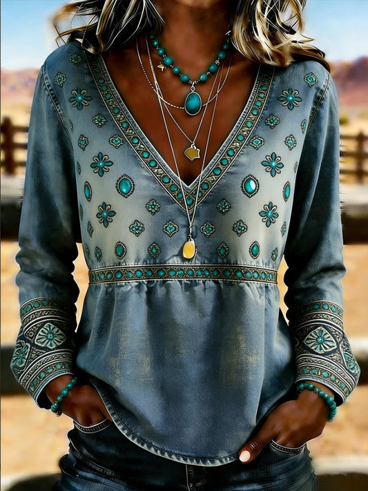Women's Retro Western Art Print Casual Top
