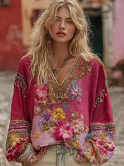 Women's Floral Embroidery Art Colorblock Linen Blend V-neck Boho Shirt