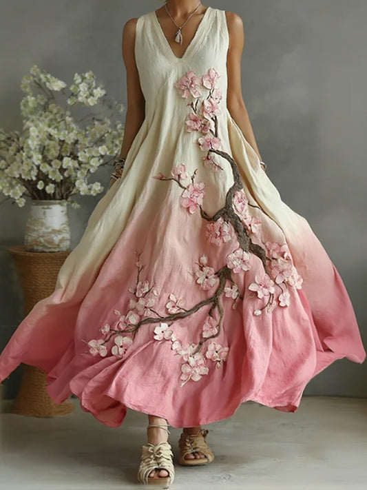 Women's Vintage Cherry Blossoms Embroidered Pattern Linen V Neck Long Dress