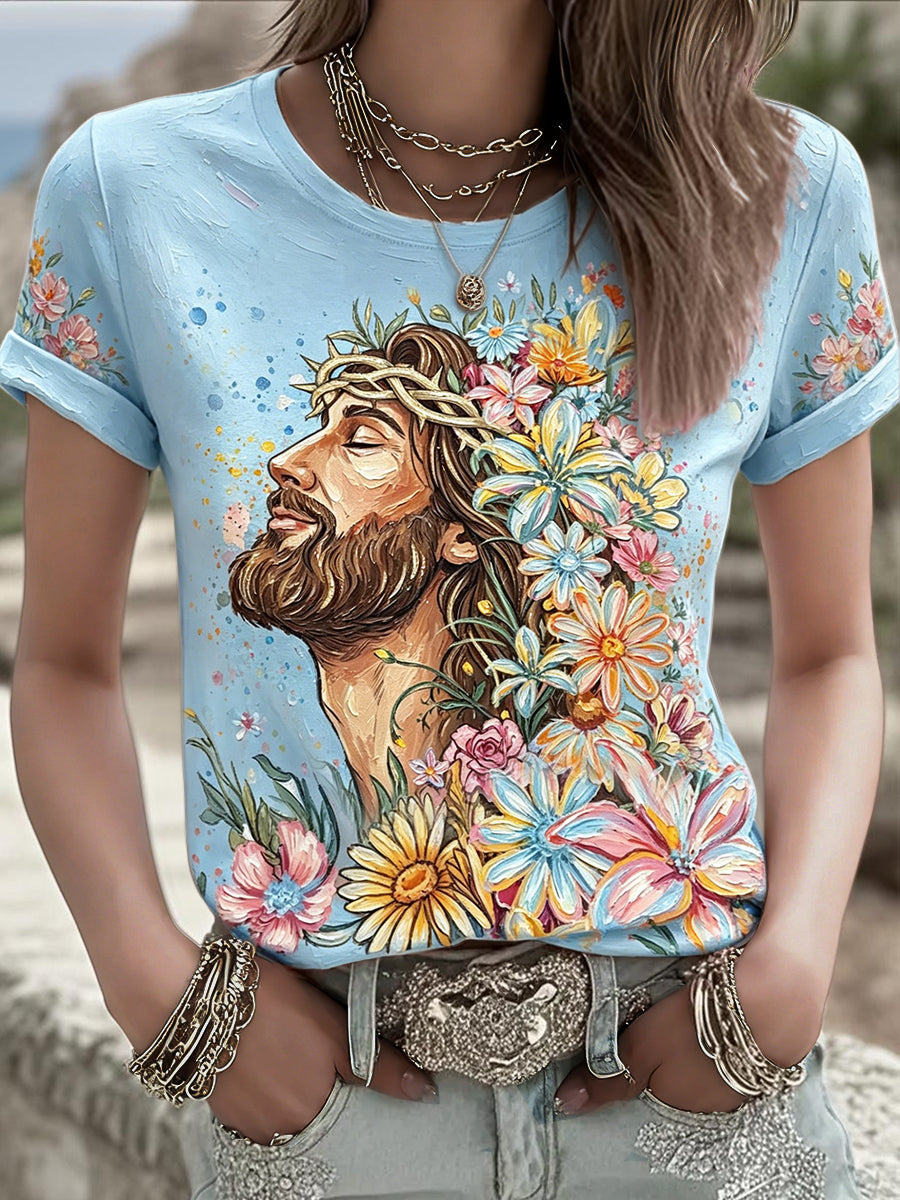Women's Floral Faith Jesus Lover Printed T-Shirt