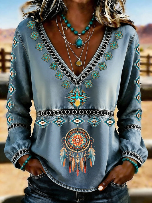 Women's Retro Western Art Print Casual Top