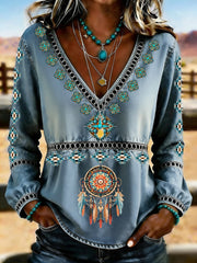 Women's Retro Western Art Print Casual Top