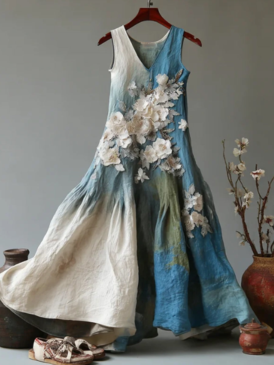 Women's Vintage Japanese Floral Art Gradient Casual Linen Sleeveless Dress