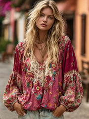Women's Floral Embroidery Art Colorblock Linen Blend V-neck Boho Shirt