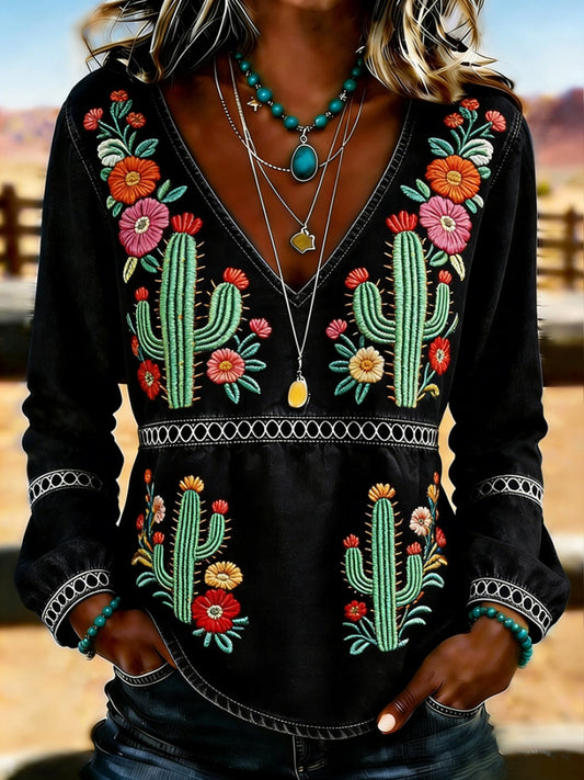 Women's Retro Western Art Print Casual Top