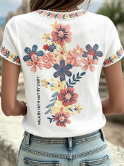 Women's Floral Faith Jesus Lover Printed T-Shirt