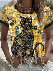 Women's Glitter Black Cat Art Short Sleeve T-shirt