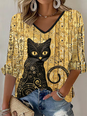 Women's Glitter Black Cat Art  Waffle T-shirt