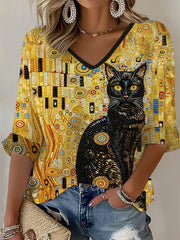 Women's Glitter Black Cat Art Waffle T-shirt