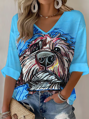 Women's Dog Art  Printed Waffle T-shirt