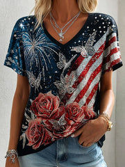 Women's America Flag Printed Casual V-neck T-Shirt