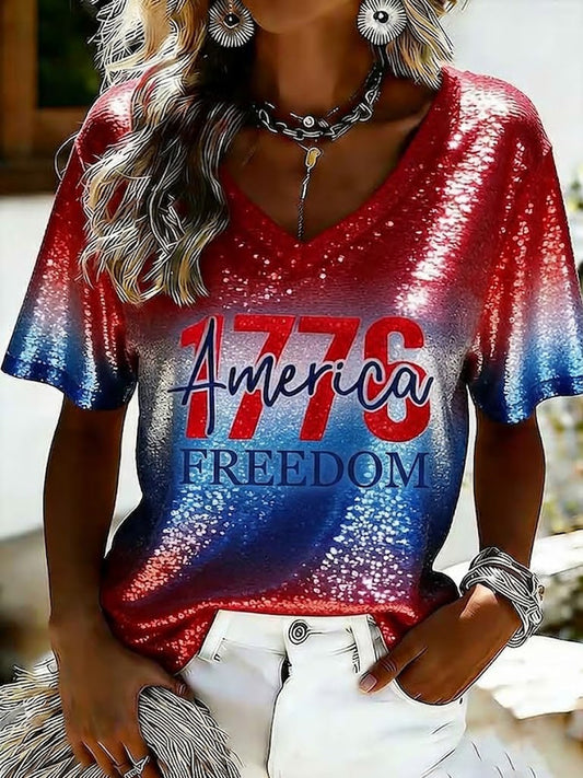 Women's America 1776 Freedom Printed Casual V-neck T-Shirt