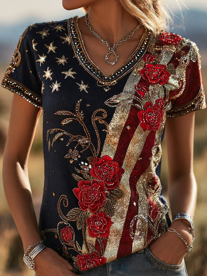 Women's America Flag Printed Casual V-neck T-Shirt