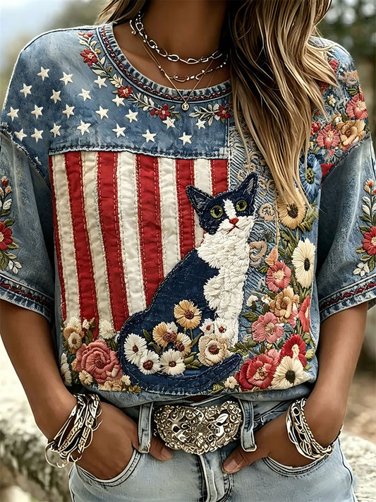 Women's Independence Day Animal Embroidery Print T-Shirt