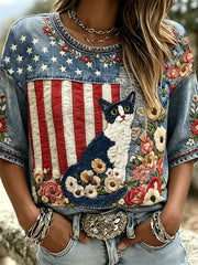 Women's Independence Day Animal Embroidery Print T-Shirt