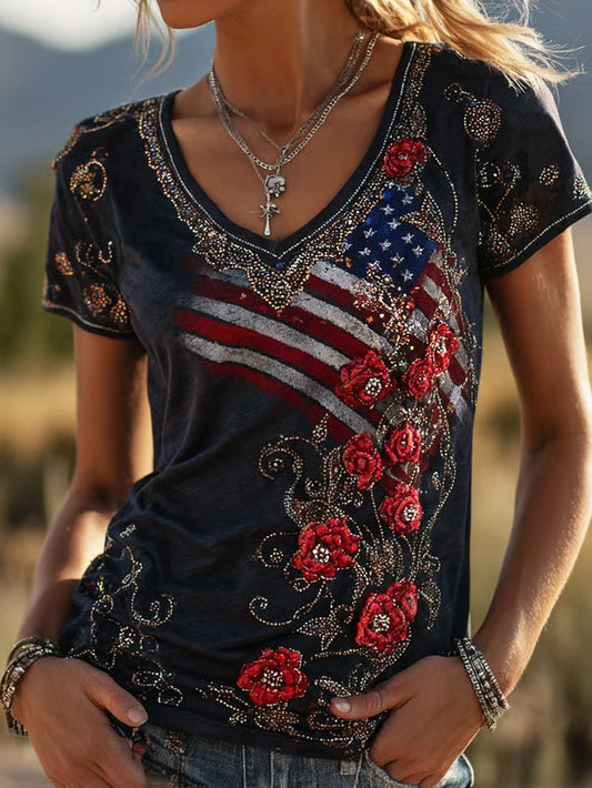Women's America Flag Printed Casual V-neck T-Shirt