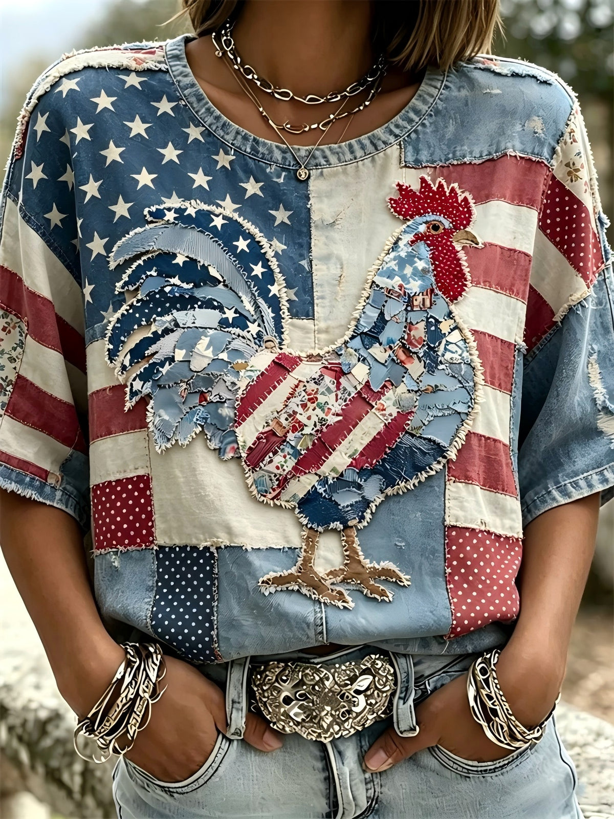 Women's Independence Day Animal Embroidery Print T-Shirt