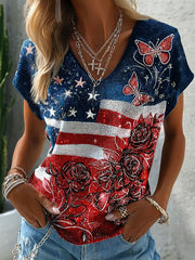 Women's America Flag Printed Casual V-neck T-Shirt