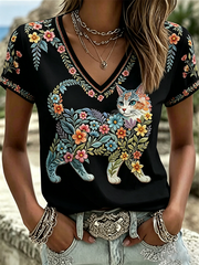 Women's Floral Cats Print Casual V-Neck Tee