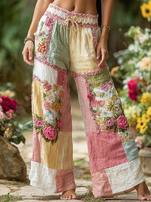 Women's Bohemian Floral Embroidery Art Contrast Color Linen Blend Casual Pants