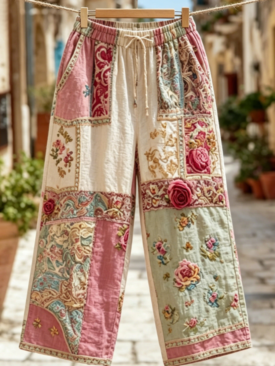 Women's Bohemian Floral Embroidery Art Contrast Color Linen Blend Casual Pants