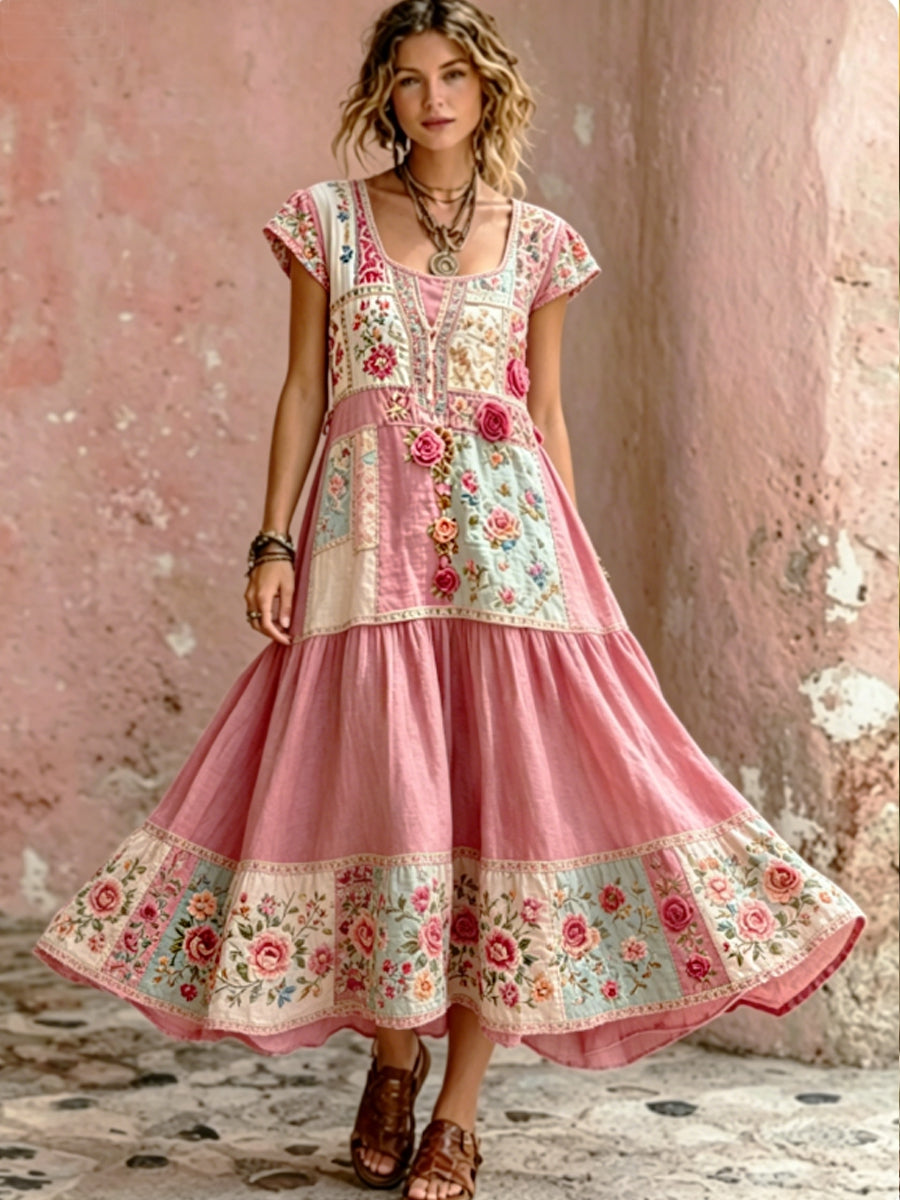 Women's Bohemian Floral Embroidery Art Round Neck Short Sleeve Maxi Dress