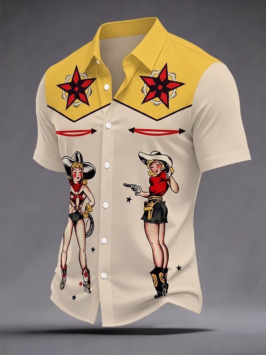 Men's Retro Cowgirl And Gun Print Casual Short Sleeve Shirt