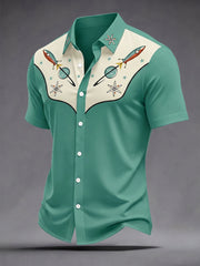 Men's Retro Spaceship Print Casual Short Sleeve Shirt