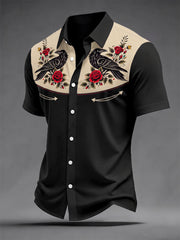 Men's Retro Crow ＆ Rose Print Casual Short Sleeve Shirt