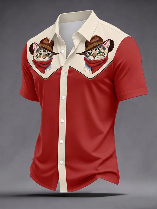 Men's Retro Cowcat Print Casual Short Sleeve Shirt