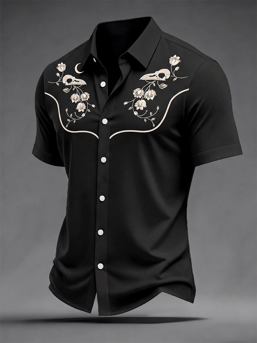 Men's Retro Flower And Raven Skull Print Casual Short Sleeve Shirt
